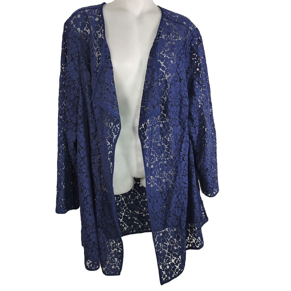 Catherines Women Lace Cardigan 1X Navy Blue Floral Open Front Draped Layer Sheer